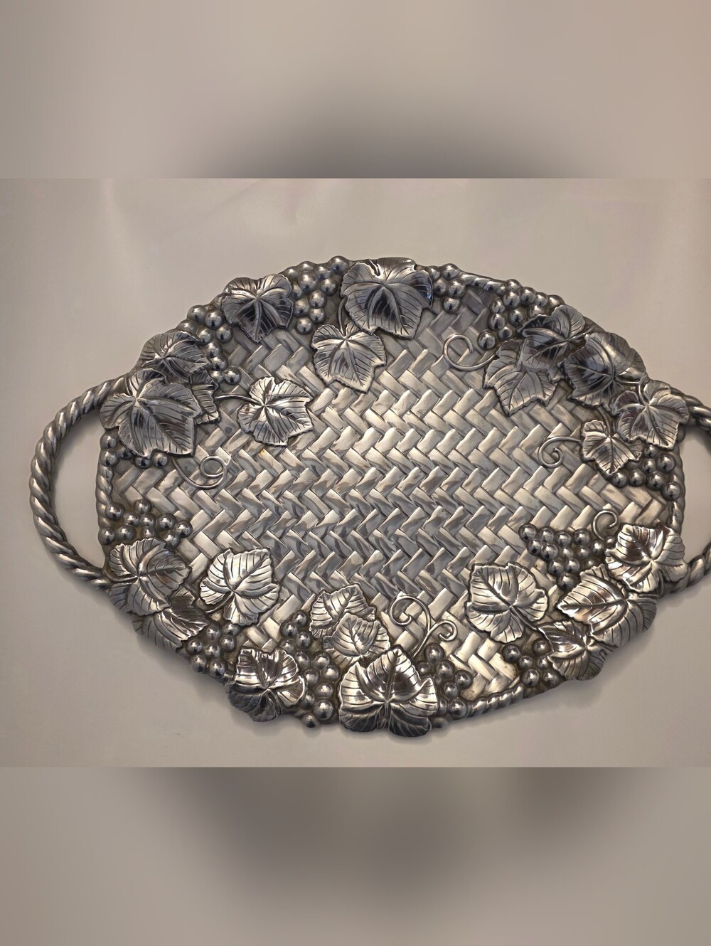 Lenox Pewter / Aluminum Metal Oval Grapevine Tray Woven Lattice Handles ~15" x 2